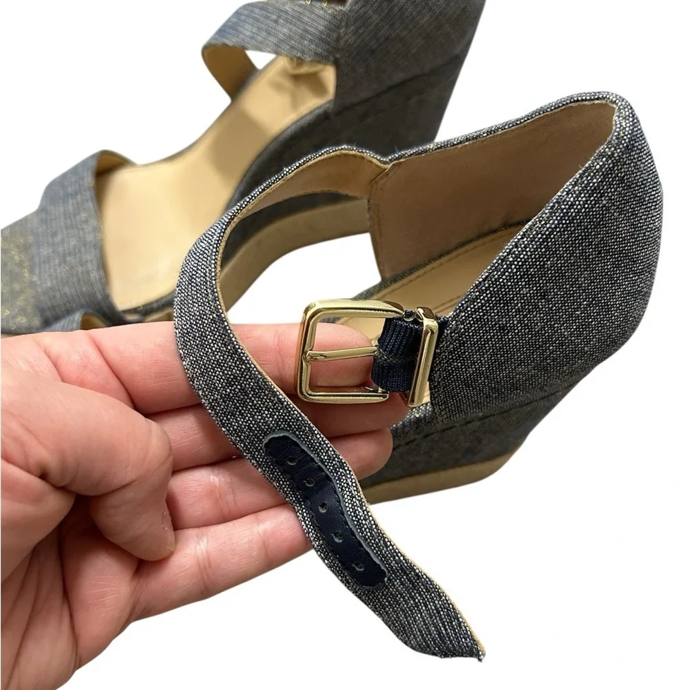 ANTONIO MELANI Lauralyn Navy Blue And Gold Wedge Sandals, Size 9M